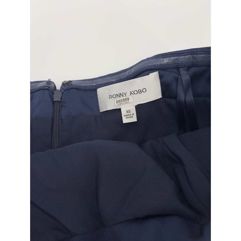 B35 Ronny Kobo Pradova Midi Dress XS Navy Blue Strapless Rosette Slit Cocktail - Picture 12 of 13